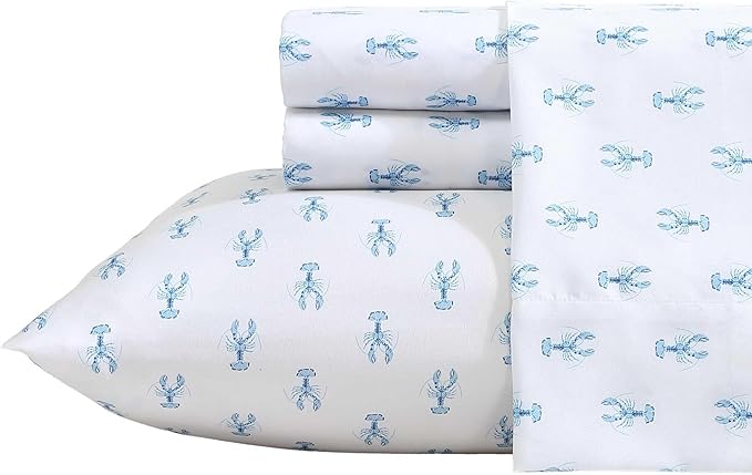 Nautica - Sheet Set, Breathable & Cooling Microfiber Bedding with Matching Pillowcase, Deep Pocket, Fully Elasticized (Nantucket Lobster Ocean Breeze Blue, Twin XL)