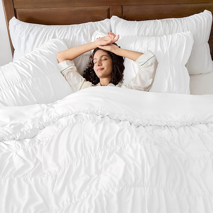 Andency Ruched White Twin Size Comforter Sets, Shabby Chic Pleated Bedding Sets 2 Pieces, Lightweight Soft Boho Ruffle Bed Set for Girls, Kids, Women, All Season