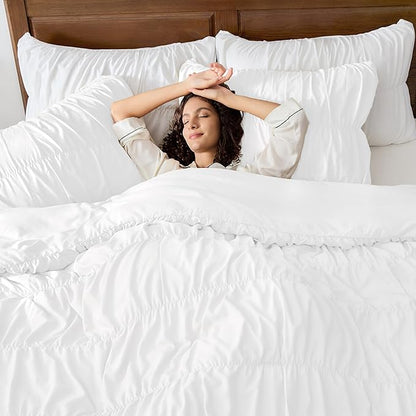 Andency Ruched White Oversized Queen Size Comforter Sets, Shabby Chic Pleated Bedding Sets 3 Pieces, Lightweight Soft Boho Ruffle Bed Set for Girls, Kids, Women, All Season