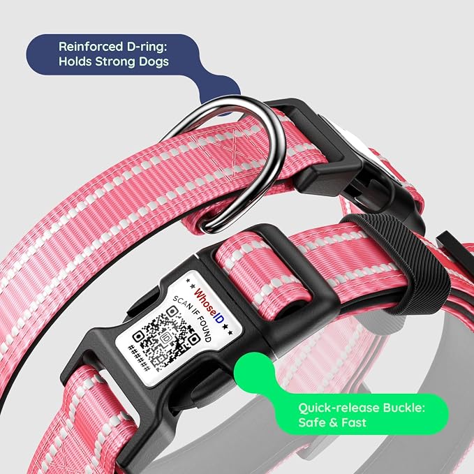 Airtag Dog Collar, Reflective Ultra-Durable Nylon Padded with QR Code Buckle & IP68 Waterproof Air Tag Holder Compatible for Apple AirTag, Comfortable for Small Medium Large Dogs(Hot Pink,L)