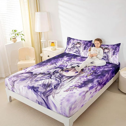 Erosebridal Lilac Flower Girl Fitted Sheet for Boys Girls Kids Purple Spring Floral Queen Bed Sheets,Anime Girl Sheets Cartoon Anime Gift Bedding Sets, No Top Sheet