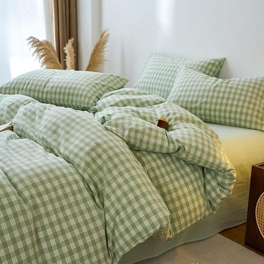 Green Gingham Duvet Cover Full Size Washed Cotton Boho Full Comforter Cover Soft Cute Farmhouse Plaid Duvet Cover Set with Hidden Zipper Chic Teen Bedding Set Checkered Duvet Protector