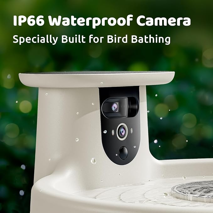 Smart Bird Bath with Camera, Solar Powered & Fountain, 2K AI Camera | Watch Birds Bathe & Drink in Stunning 2K with Dual-Lens Auto Tracking, Solar Power, Fountain and Lifetime AI Bird Recognition