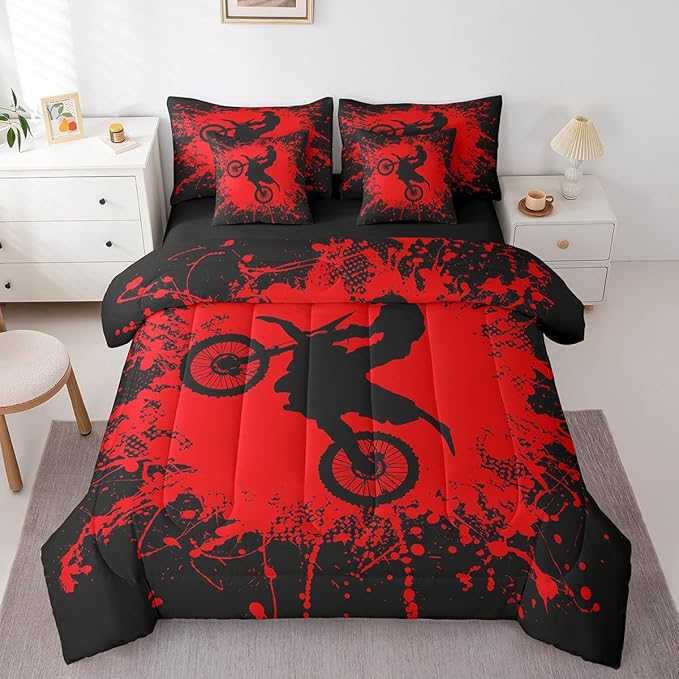 Erosebridal Motocross Bed in a Bag King Size Comforter Set 7 Pieces,Motorcycle Dirt Bike Bedding Sets Motorbike Race Car Sheet Set with Comforter