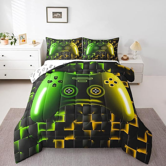 Erosebridal Gamer Comforter Sets for Boys,King Size Bedding Sets for Boys Girls Kids 3D Gaming Geometric Comforter,Game Console Lightweight Microfiber Duvet Quilt,Neon Yellow Black Green Glowing