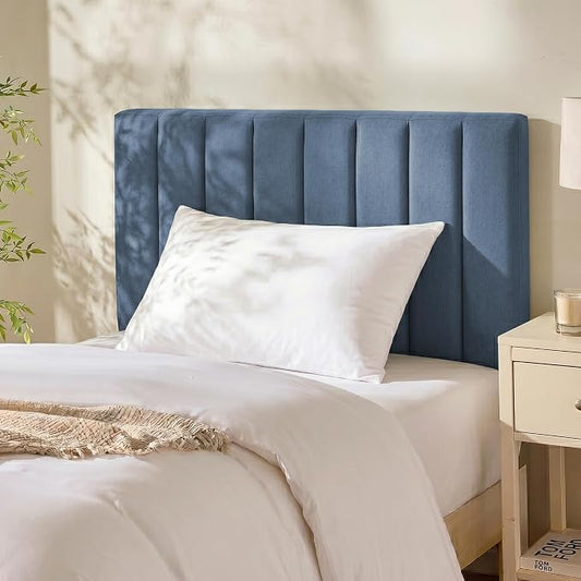 Hearth & Harbor Wall Mounted Twin Headboard Only, Bed Headboard Twin Size | Easy Assemble, Floating Peel and Stick, Upholstered, Channel Stitched, 3D Wall Panels, 5 Strips of 3M Tape Included, Blue