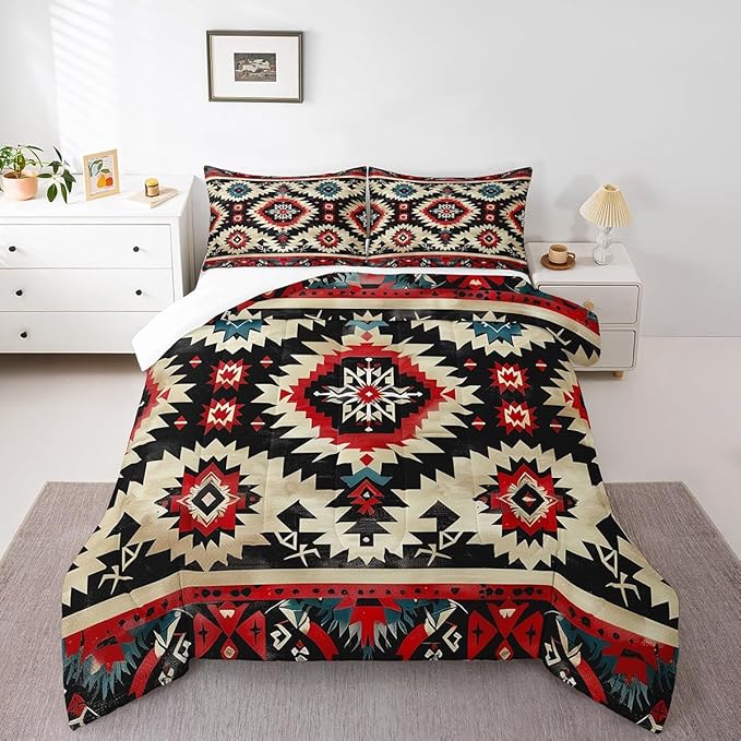 Feelyou Boho Comforter Set Full Size Southwest Native American Design Comforter Southwestern Geometric Bedding Set Western Decor Duvet Set Room Decor Black Beige Quilt Set