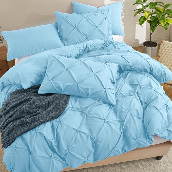 VACVELT 5 Piece Pinch Pleated Duvet Cover King Size Set, Light Blue Pintuck Duvet Cover with Zipper & 8 Ties, Shabby Chic Microfiber Duvet Cover + 2 Pillow Shams + 2 Pillowcases, No Comforter