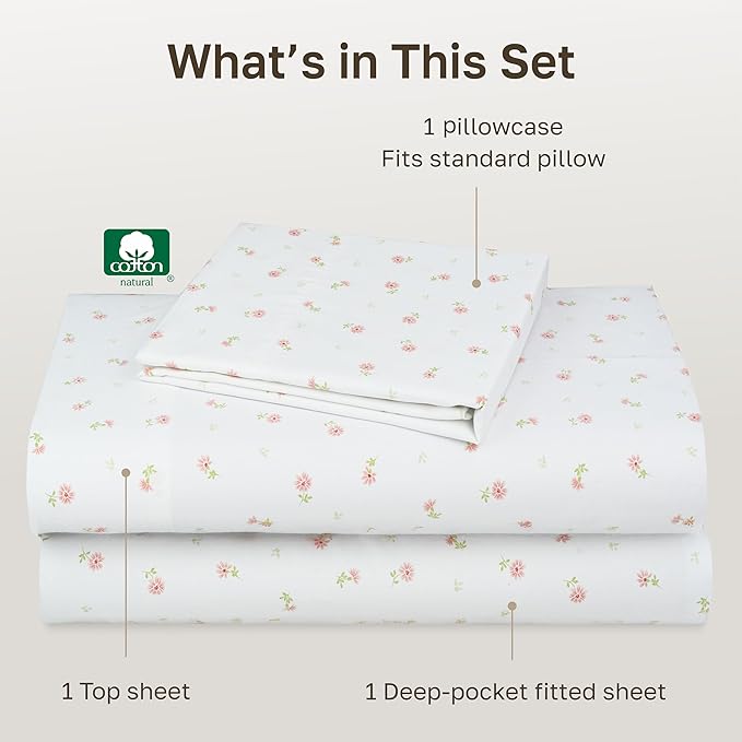 California Design Den Printed Twin XL Sheet Sets - 400 Thread Count Sateen, Natural 100% Cotton Bed Sheets, Deep Pockets, and Durable Bedding Set - Soft Floral