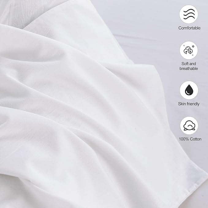 MooMee Bedding Pillowcases Pack of 4 100% Washed Cotton Linen Like Textured Breathable Durable Soft Comfy (Solid Bright White, Queen)