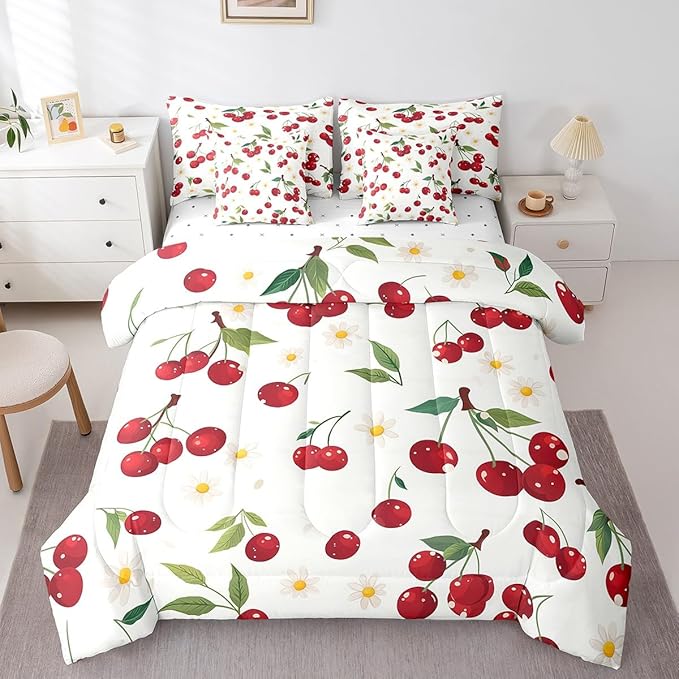 Cherry Twin Comforter Set with Sheets Bed in a Bag 7 Pcs,Red Cherry Fruits Rustic Style Bed Set,Watercolor Daisy Flowers Bedding Sets with Comforter,Flat,Fitted Sheet,Pillowcases,Pillow Covers