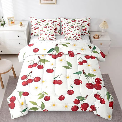 Cherry Twin Comforter Set with Sheets Bed in a Bag 7 Pcs,Red Cherry Fruits Rustic Style Bed Set,Watercolor Daisy Flowers Bedding Sets with Comforter,Flat,Fitted Sheet,Pillowcases,Pillow Covers