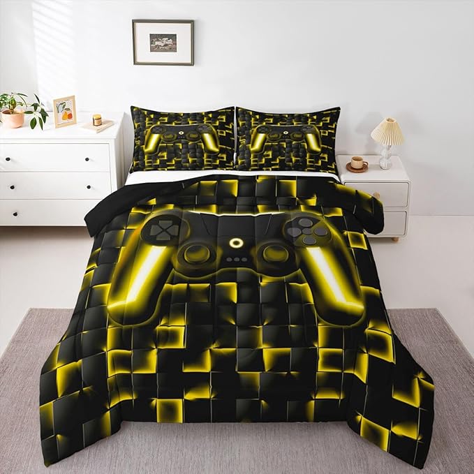Erosebridal Geometric Gamepad Bed Comforter Set Gaming Bedding Sets Gamer Comforter Sets Queen Size for Kids Boys Teen,Black Gold Neon Lights Game Console Quilt Duvet 1 Comforter with 2 Pillow Cases