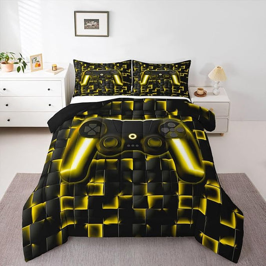Erosebridal Geometric Gamepad Bed Comforter Set Gaming Bedding Sets Gamer Comforter Sets Queen Size for Kids Boys Teen,Black Gold Neon Lights Game Console Quilt Duvet 1 Comforter with 2 Pillow Cases