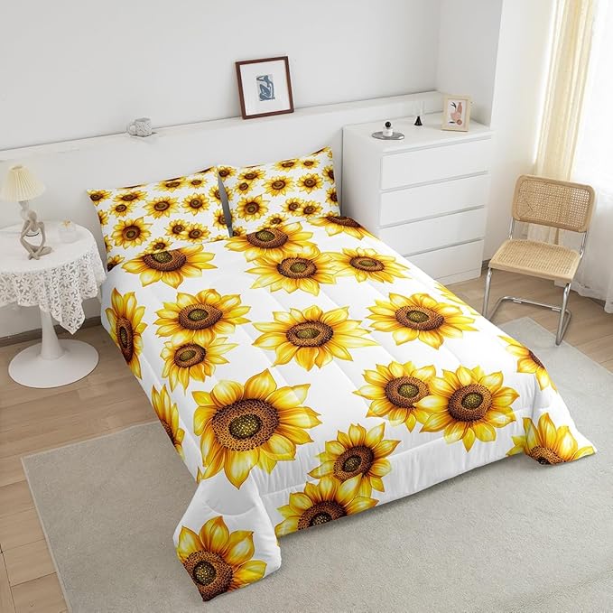 Erosebridal Sunflower Full Size Comforter Sets 3D Floral Botanical Bedding Yellow Flowers Duvet Insert Pastoral Sunflower Decor for Bedroom Quilt Garden Bloom Down Comforter with 2 Pillowcases, White