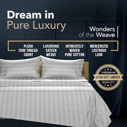 TEXAS LINEN CO. 100% Egyptian Cotton Queen Sheets Set - Luxury Damask 1500 Thread Count Egyptian Cotton Sheets Queen Size Bed Set, 17" Deep Pocket, Soft, Cooling Sateen Bedding - Silver Grey Stripe