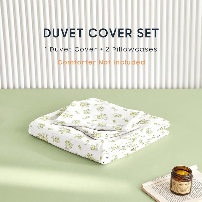 Wake In Cloud - Coquette Duvet Cover Set, Floral Cottagecore Flower Shabby Chic Cute Aesthetic, Soft Lightweight Bedding for Women Teen Girls, 3-Piece, White Green, Queen Size
