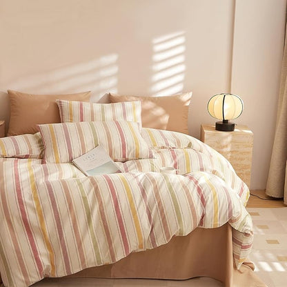 mixinni Vintage Striped Duvet Cover Set Twin, 3-Piece Washed Cotton Bedding Set - Soft, Breathable & Colorful Marble Stripe Pattern, All-Season Comforter Cover with Zipper-Twin Size