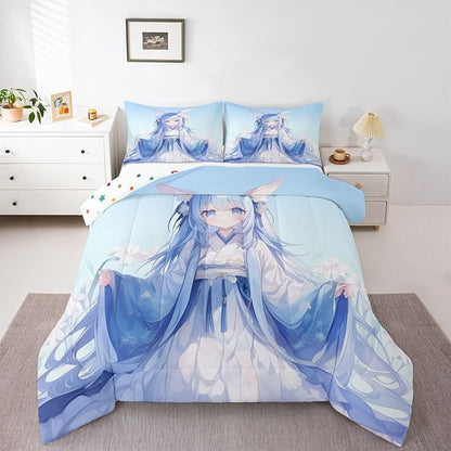 Erosebridal Traditional Japanese Girl Comforter Set Kawaii Decor, 3D Anime Girl Bedding Comforter Sets Cartoon Japanese Girl Bedding for Kids Girls Blue Butterfly Decorations Down Comforter Queen
