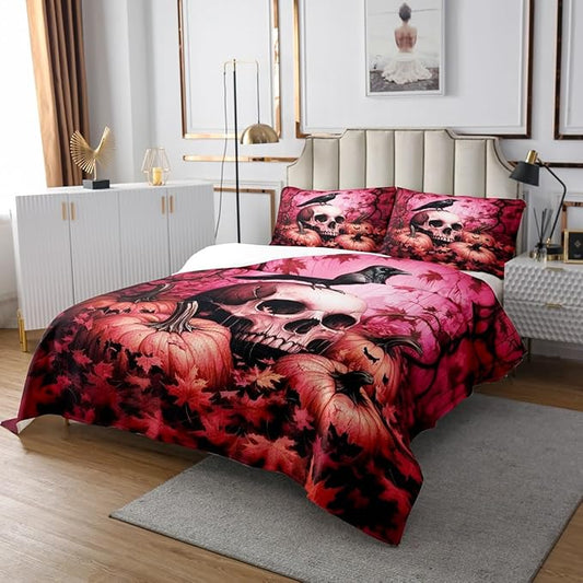 Happy Halloween Kid Bedspread Twin Size,Human Skeleton Skull Crow Maple Leaves Coverlet Set,Boys Girls Room Decor,Thanksgiving Day Pumpkin Quilted Coverlet,Gothic Pink Bedding Quilt,1 Pillowcase