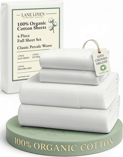 LANE LINEN 100% Organic Cotton Full Sheets Set 4-Piece Pure Percale Long Staple Soft Bedding Breathable Fits Mattress Upto 15" Deep - Glacier Grey