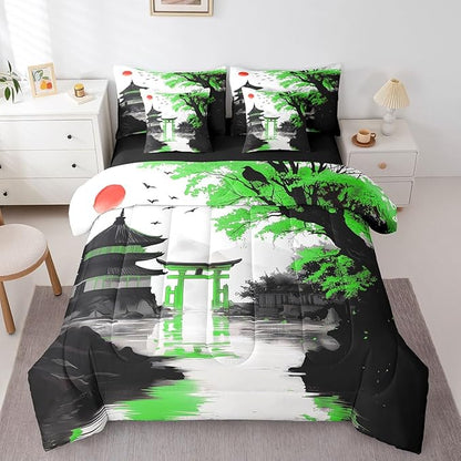 Erosebridal Japanese 7 Piece Bed in A Bag Twin Sun Cherry Blossom Comforter Set with Sheets Watercolor Black Green Pavilions Mountain Sakura Floral Bedding Set for Kids Adults Chinese Ink Bed Set