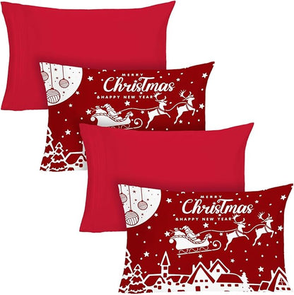 YIYEA Christmas Pillow Cases Standard Size Set of 4, Ultra Soft Double Brushed Microfiber Red Pillowcases and Christmas Pillow Covers, Envelope Closure, Fade Resistant (20"x26")