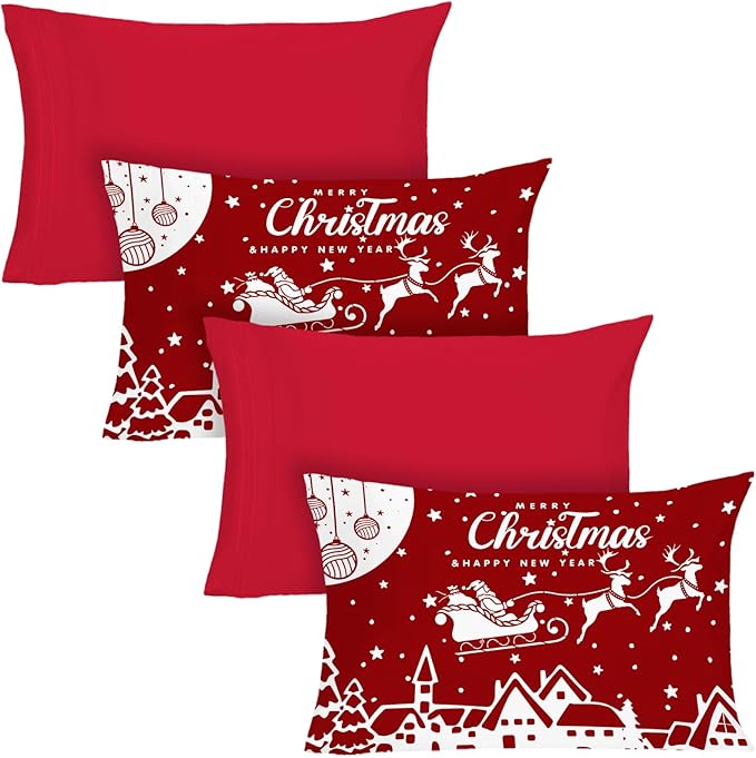 YIYEA Christmas King Size Pillow Cases Set of 4, Ultra Soft Double Brushed Microfiber Red Pillowcases and Christmas Pillow Covers, Envelope Closure, Fade Resistant (20"x36")