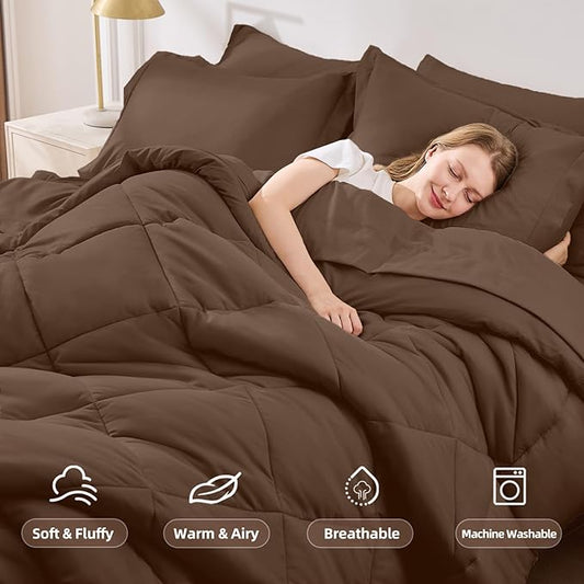 FUANNA 7 Pieces Full Size Comforter Sets, All Season Bedding Sets Full Size, Luxury Soft Bed in a Bag with Comforter, Flat Sheet, Fitted Sheet, Pillowcases & Pillow Shams, Dark Brown