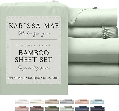 KARISSA MAE Cooling Bamboo Viscose Split King Sheet Set | 100% FSC Certified | 18” Deep Pocket | Silky, Soft, & Hypoallergenic | with Organizer Band & Elastic Corner Straps [Sea Glass]