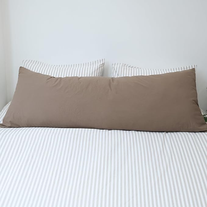 MooMee Body Pillow Cover Pillowcase with Zipper 100% Washed Cotton Linen Like Textured Breathable Durable Soft Comfy (Brown, 21”x54”, 1PC)
