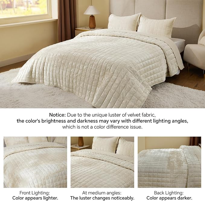 BEDELITE Velvet Quilt Set King Size - Luxury Velvet Comforter Bedding Set 3 Pieces, Lightweight Soft Cozy Shiny Cream White Oversized Bedspread Coverlet for All Seasons with 2 Pillow Shams