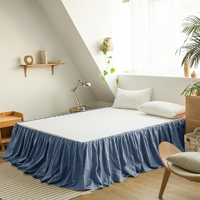 BISELINA French Linen Bed Skirt with Pleated Frills 14-Inch Tailored Drop Natural Flax Cotton Blend Dust Ruffle Soft Cozy Farmhouse Bedding (14" Queen, Navy Blue)