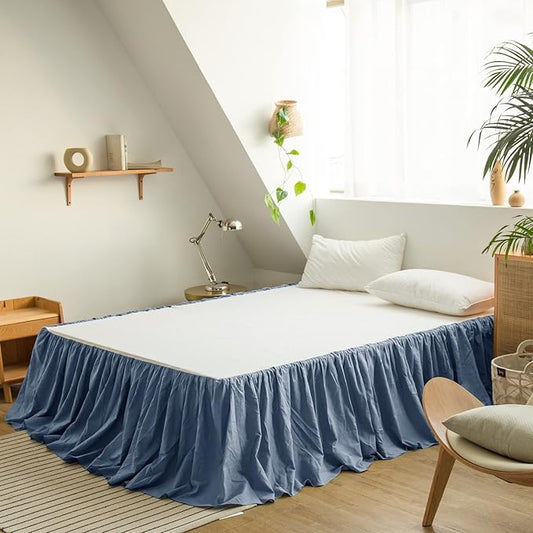 BISELINA French Linen Bed Skirt with Pleated Frills 14-Inch Tailored Drop Natural Flax Cotton Blend Dust Ruffle Soft Cozy Farmhouse Bedding (14" Twin, Navy Blue)