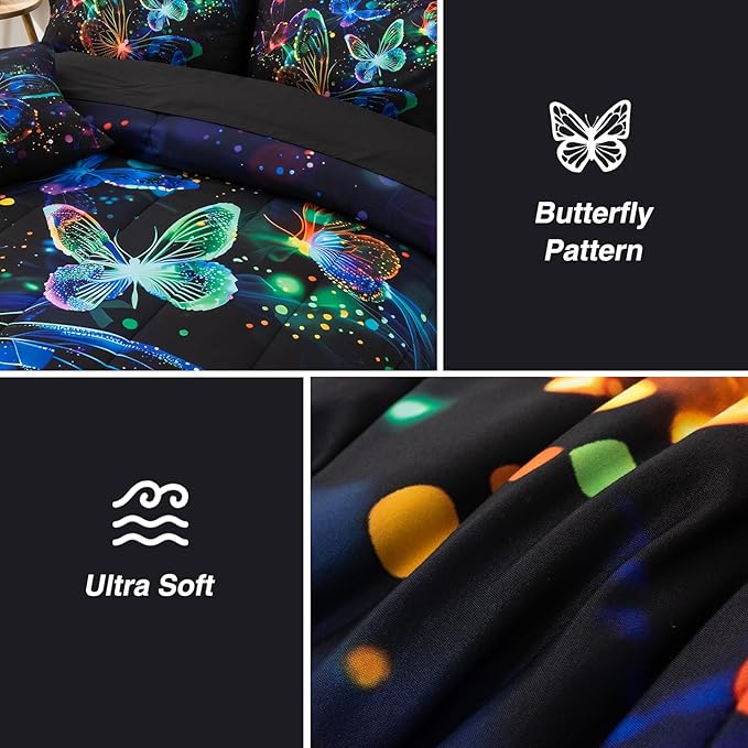 A Nice Night Galaxy Bedding Sets,3D Butterfly Flying in Space Printed,Like Glitter Butterflies 6pcs Bed in a Bag Full Comforter Set, for Girls Boys Kids Teens