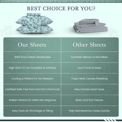 Feather & Stitch Printed 500 TC Full Size 4pc Damask Bed Sheet Set, 100% Soft Cotton Breathable Bedsheets, 18" Deep Pockets Sateen Weave Striped Bedding Mattress Resort Hotel Luxury Decor - Green Leaf
