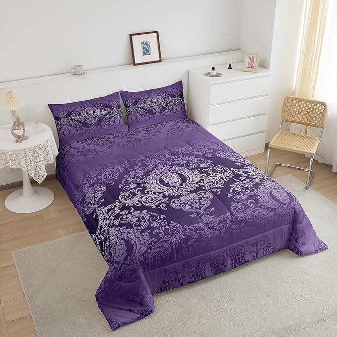 Feelyou Adults Purple Vintage Damask Floral Comforter Set Oriental Antique Comforter King Size Gothic Bohemia Boho Bedding Set Exotic Sugar Skull Duvet Set Quilt Set 3Pcs