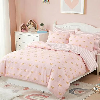 Pink Comforter Set Queen Gold Heart Butterfly Bedding Set for Girls Kids, Reversible Pink White Wide Striped Pattern, Coquette Comforter 3 Pieces, with 2 Pillowcases, Soft 100% Microfiber