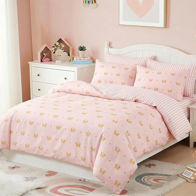 Pink Comforter Set Full Gold Heart Butterfly Bedding Set for Girls Kids, Reversible Pink White Wide Striped Pattern, Coquette Comforter 3 Pieces, with 2 Pillowcases, Soft 100% Microfiber