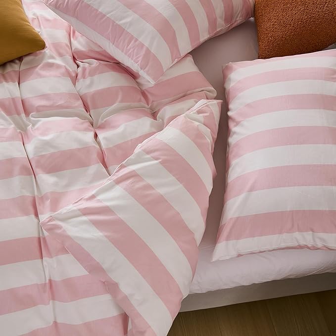 Merryword Pink and White Striped Duvet Cover Set Queen Size, 100% Cotton Bedding Set with Zipper Closure & 8 Corner Ties, Luxury Linen Like Bedding, Soft Breathable Comforter Cover for All Seasons