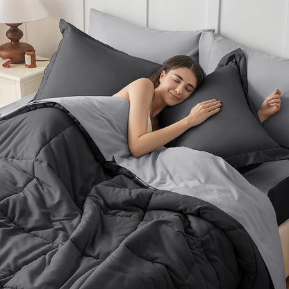 JOLLYVOGUE California King Comforter Set, Ultra-Soft Bed in a Bag Cal King Size 7 Pieces, Oeko-TEX Certified Bedding Set With Down Alternative Comforter, Sheets, Pillowcases & Shams, Dark & Light Grey