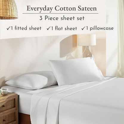 California Design Den Twin Sheet Set - Natural 100% Cotton Sheets with 12" Pockets, Soft Sateen Weave, Breathable and Durable Bedding Set for Dorm Rooms, College Ivory (Eggshell)