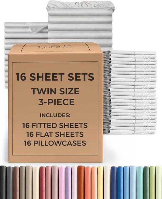 Bulk Case Pack of 16 Sheet Sets - (16) Complete Twin Size Sheet Sets with Deep Pockets - Wholesale Bulk Bedding for Hotels, Spas & Airbnbs - Breathable, Cooling & Wrinkle Free - (Twin, French Grey)
