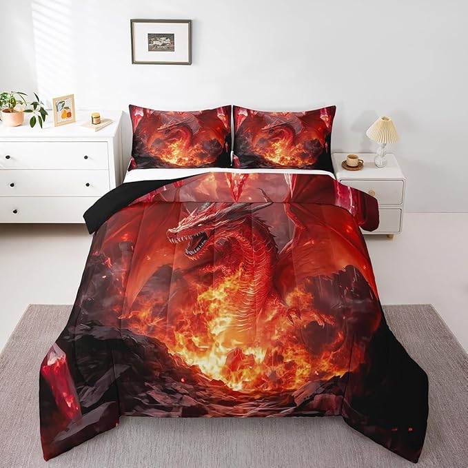 Castle Fairy Dragon Bed Comforter Set Queen Size,Glowing Flame Dragon Super Soft Microfiber Bedding Set for Girls Boys,Wild Animals Cool Magical Style Decorative Quilter Set