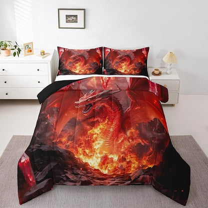 Castle Fairy Dragon Bed Comforter Set Queen Size,Glowing Flame Dragon Super Soft Microfiber Bedding Set for Girls Boys,Wild Animals Cool Magical Style Decorative Quilter Set