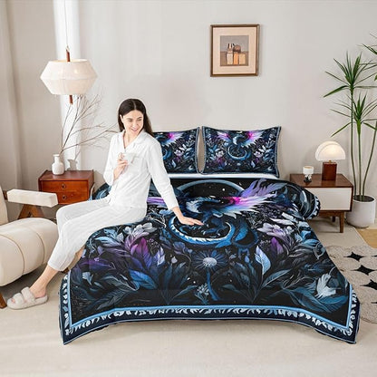 Feelyou Dragon Bedding Set Soft for Boys Girls, Wild Life Comforter Set Toddler Size Jungle Dragon Duvet Quilt Microfiber Wild Animal Bedroom Decor Dark Blue 2 Pcs with 1 Pillow Cases