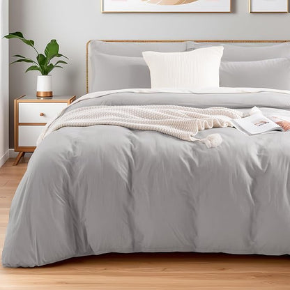 NEXHOME PRO Duvet Cover Set Queen Size Linen Feel Textured Organic Natural 100% Washed Cotton Duvet Cover 3 Pieces Bedding Set with Zipper Closure, Breathable, Soft, Light Grey (No Comforter)