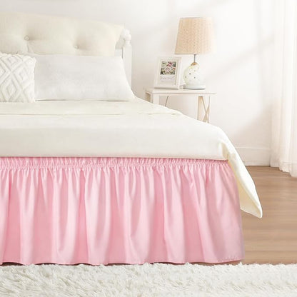 RIMELA Pink Bed Skirt Queen Size 15 Inch Drop Elastic Wrap Around Dust Ruffle Solid Bedding Bedskirt Soft Microfiber Fabric Machine Washable Easy to Install