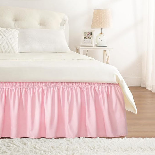 RIMELA Pink Bed Skirt Twin Size 15 Inch Drop, Elastic Bed Skirting for Bed Base and Frame, Bedding Dust Ruffle Easy to Install, Lightweight Wrap Around Adjustable Bedskirt