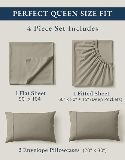 LANE LINEN 100% Organic Cotton Mercerized Queen Sheets, Soft & Comfy Naturally Cooling Cotton Sheets Queen Size Set, Classic Percale Weave Low Pill Fade Resistant Queen Bed Sheets- Silver